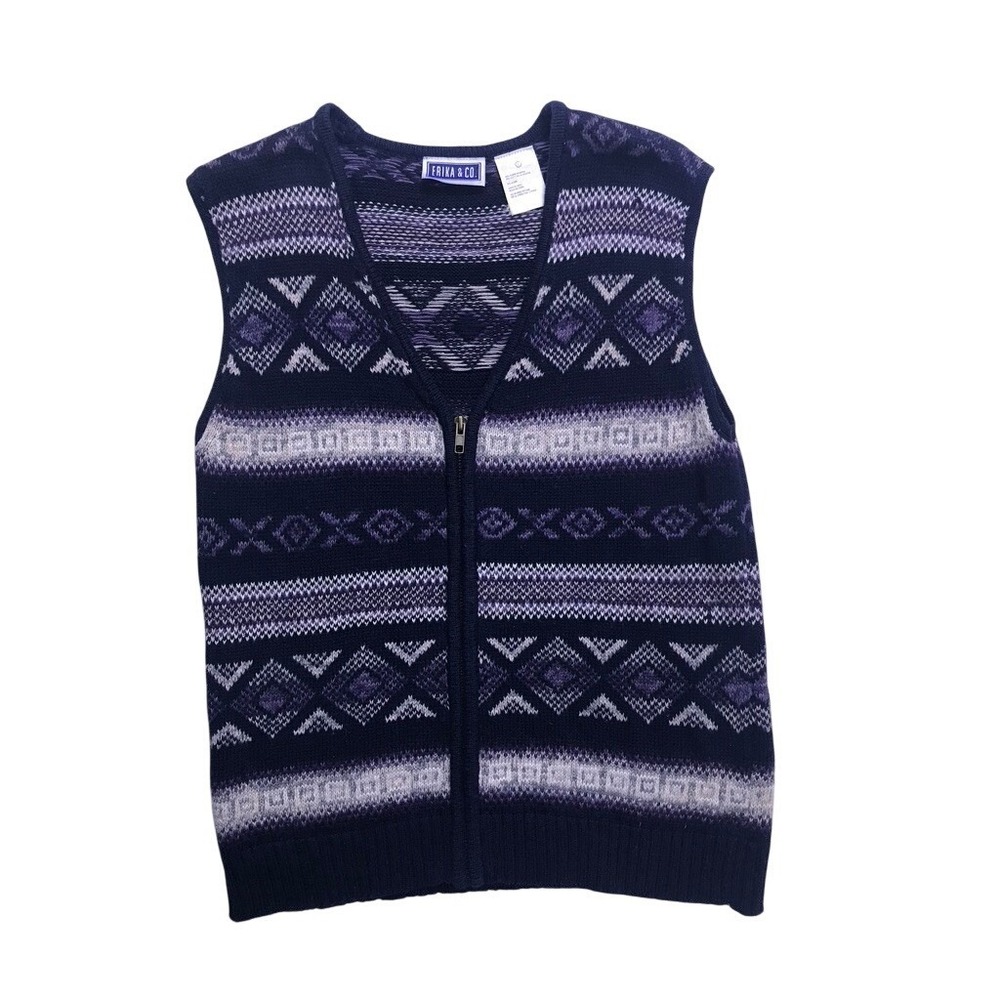 Erika & Co Womens Large Navy Blue Purple‎ Fair Isle Zip Up Sweater Vest Cotton